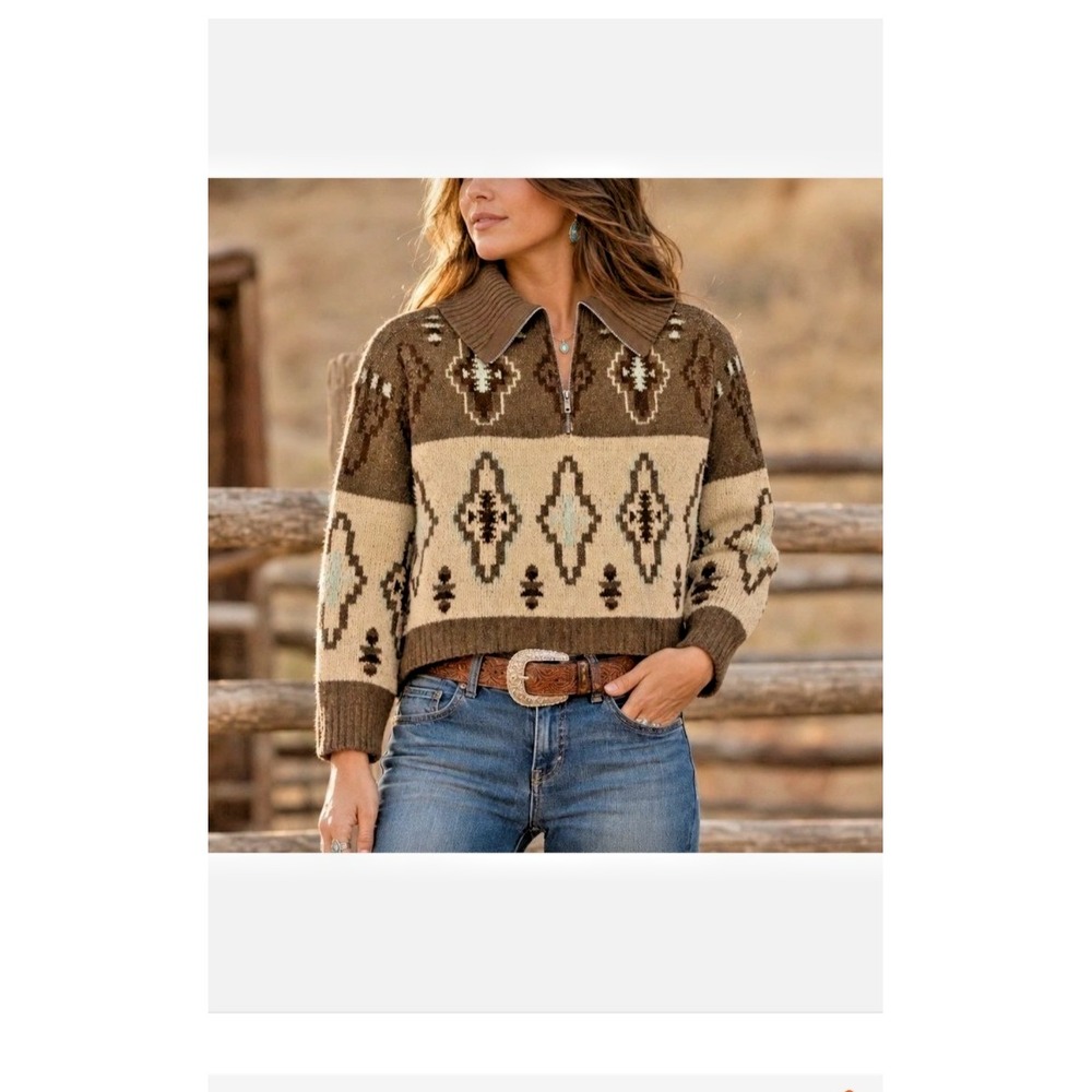 Pink Republic Quarter Zip Aztec Southwestern Brown /Turquoise Womens L Pullover